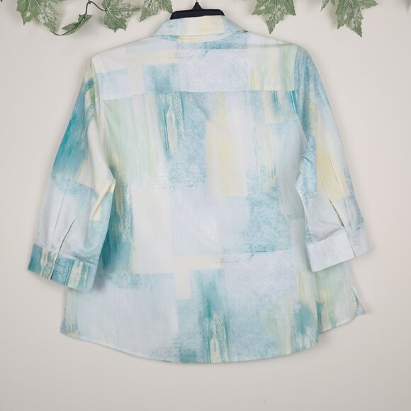 Chico's Size 3 (US 16/18) 3/4 Sleeve Green Yellow Cotton 3/4 Sleeve Top Blouse - Picture 6 of 8